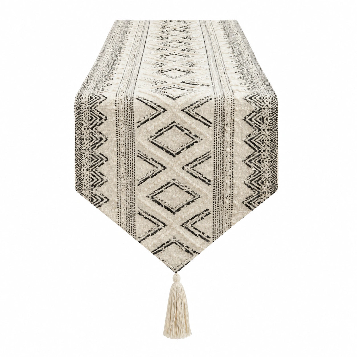 Chemin de table 180 x 33 cm textile tissé beige noir motif géométrique avec pompons