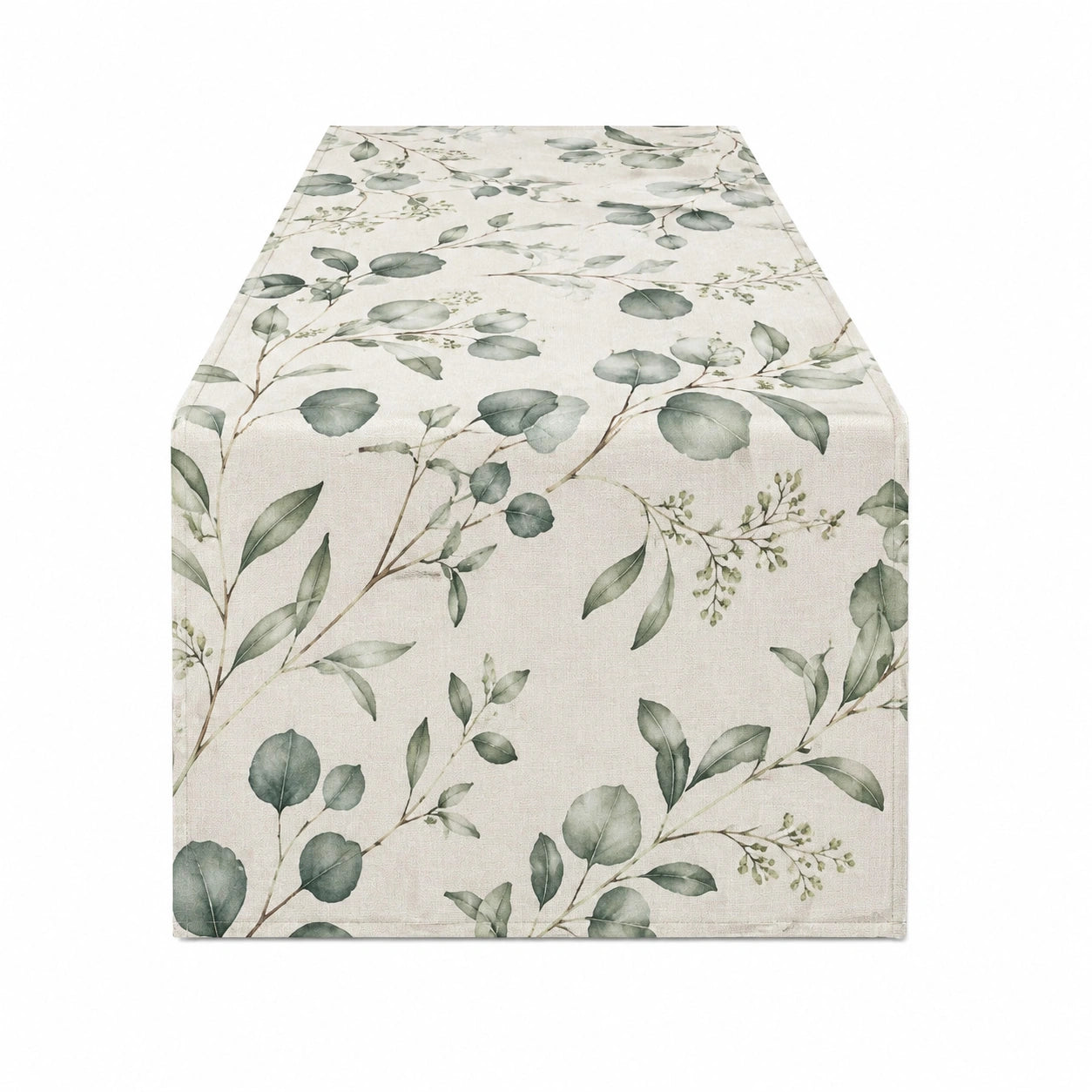 Chemin de table 180 x 33 cm textile beige et vert à motif végétal style botanique