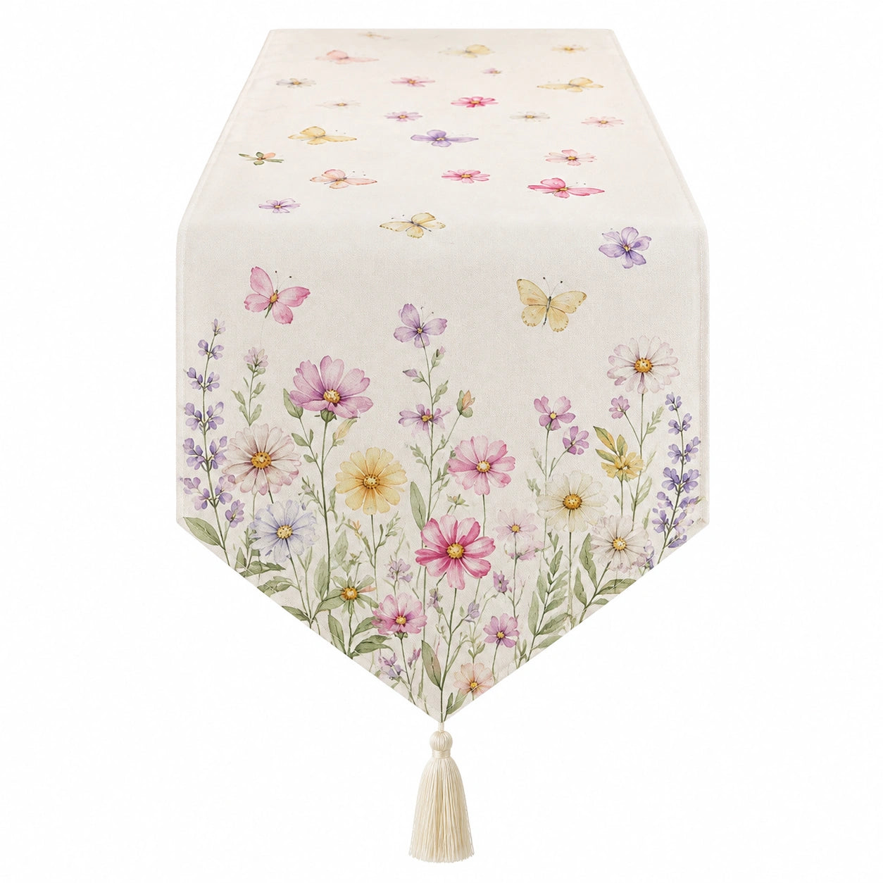Chemin de table 180 x 33 cm en polyester beige à motif floral avec pompon décoratif