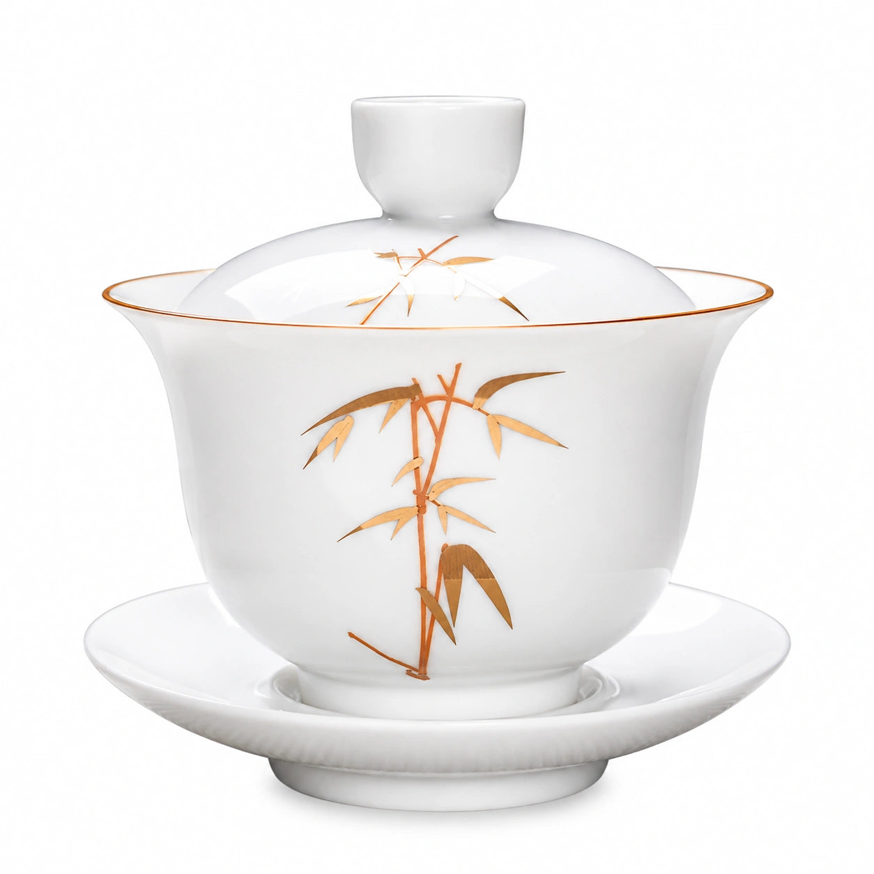 Bol à thé couvert 12 cm en porcelaine blanche décor bambou doré avec soucoupe