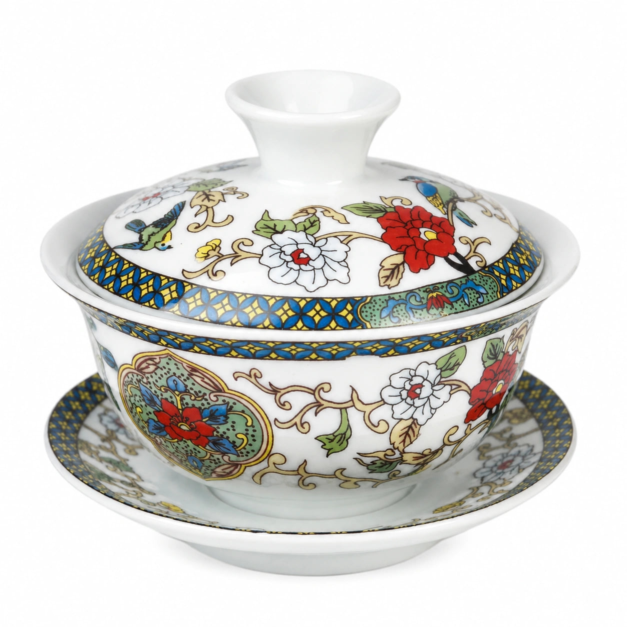 Gaiwan en porcelaine 100 ml blanc multicolore à décor floral avec soucoupe