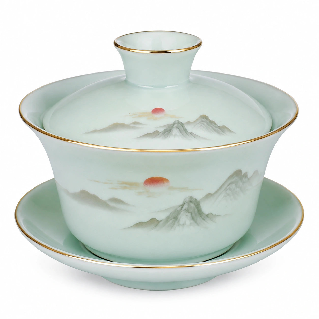 Gaiwan en porcelaine 150 ml vert céladon à décor montagne