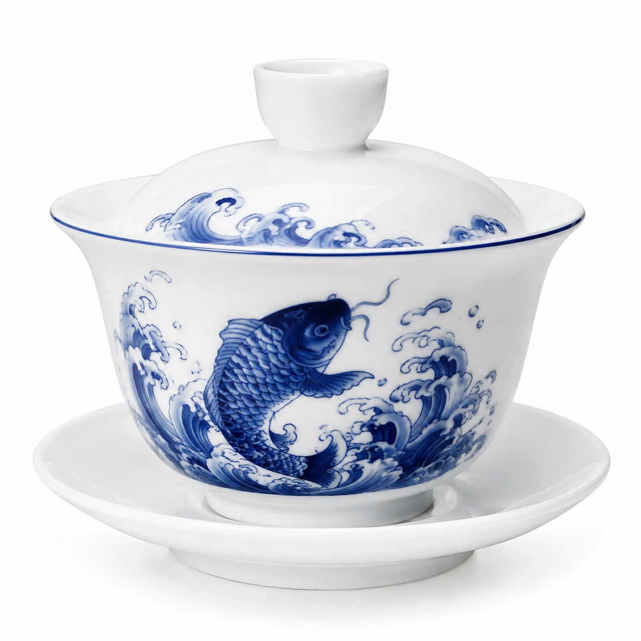 Gaiwan 180 ml en porcelaine blanc et bleu décor carpe avec couvercle et soucoupe
