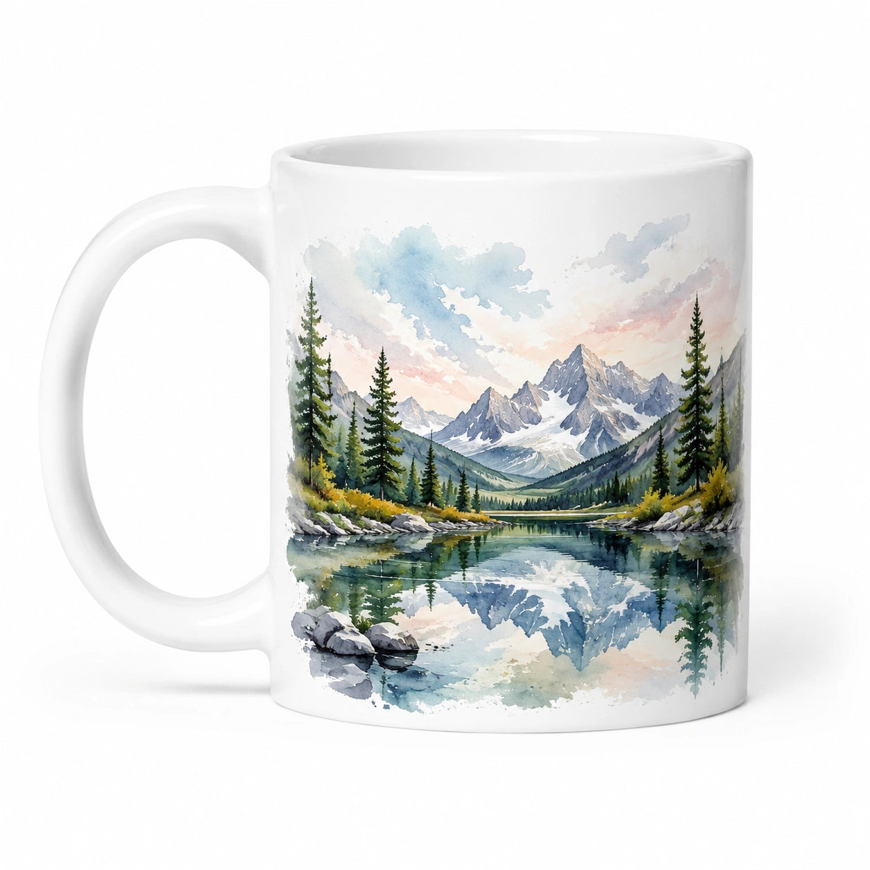 Mug en céramique 330 ml blanc décor montagne aquarelle - tasse à anse