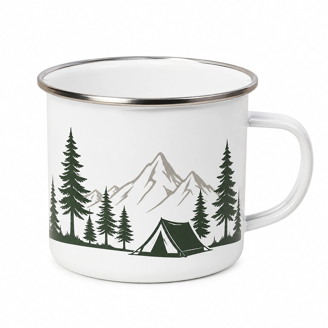 Mug de camping 500 ml en acier émaillé blanc et vert décor montagne