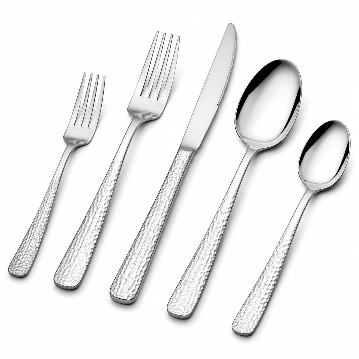 Couverts de table 5 pièces 14 à 23 cm acier inoxydable argenté finition martelée