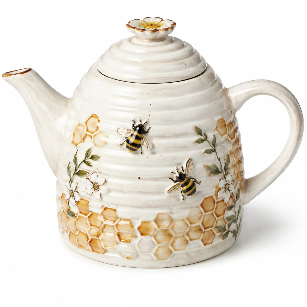 Théière 1.20 L en céramique blanche décor abeilles et alvéoles avec couvercle